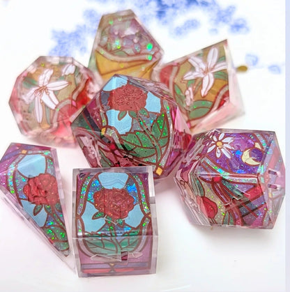 Stained Glass Floral Glitter Core Alt Shaped 7pc Dice Set