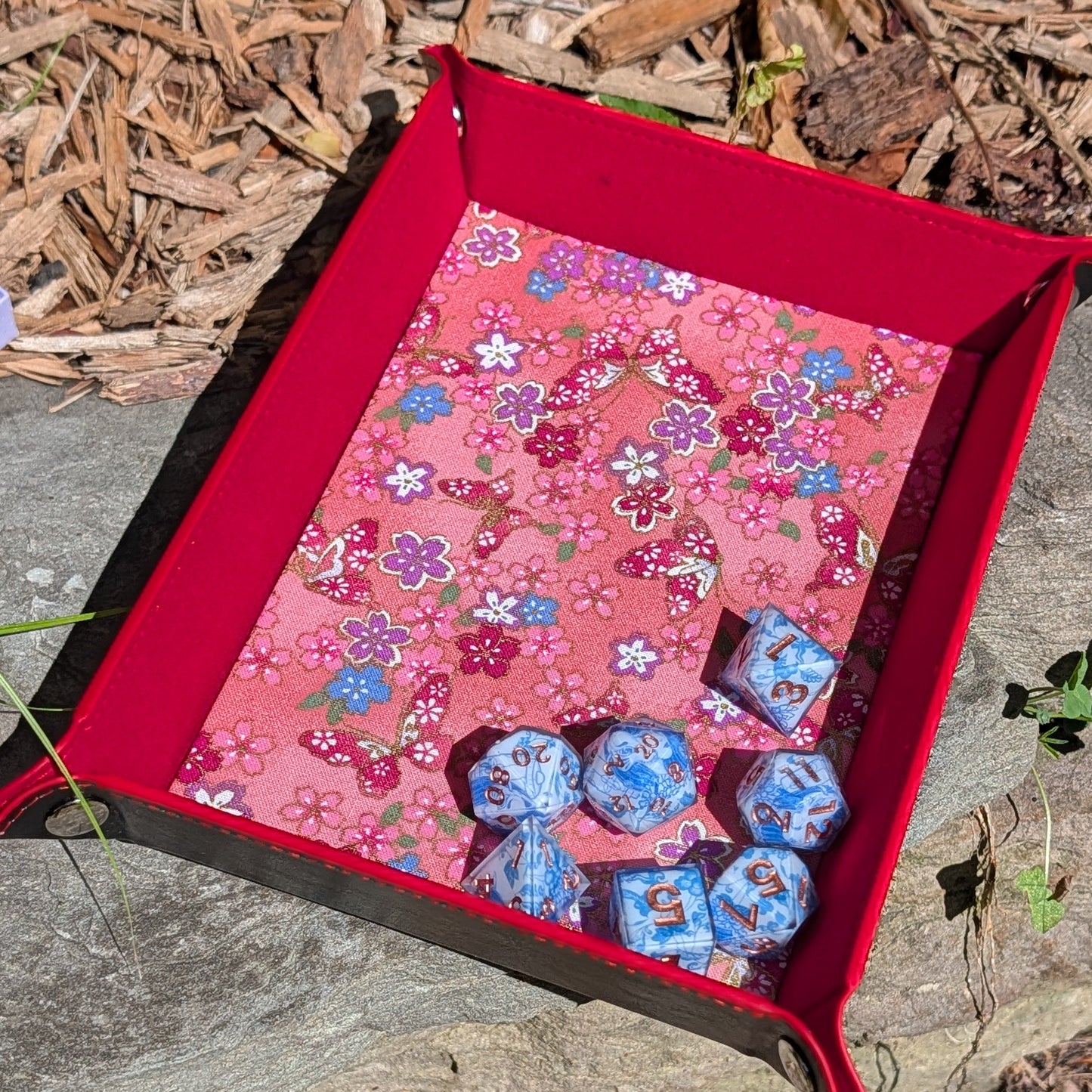 Small Pink Floral Butterfly Red Velvet Dice Tray