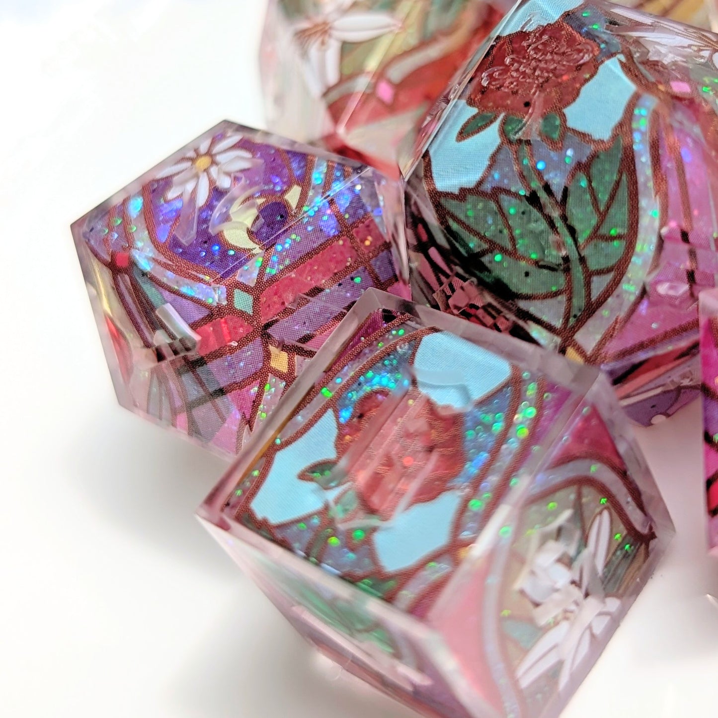 Stained Glass Floral Glitter Core Alt Shaped 7pc Dice Set