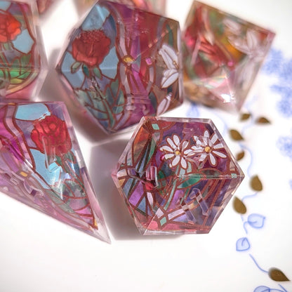 Stained Glass Floral Clear Core Alt Shaped 7pc Dice Set