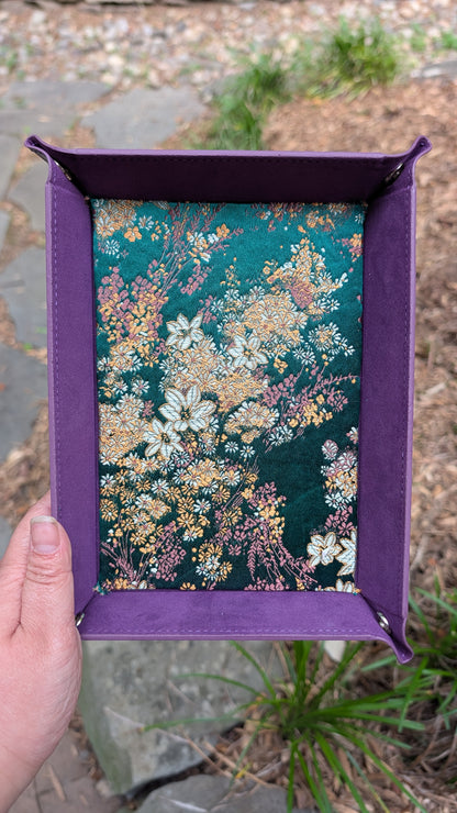 Green Brocade Satin Flower Velvet Dice Tray