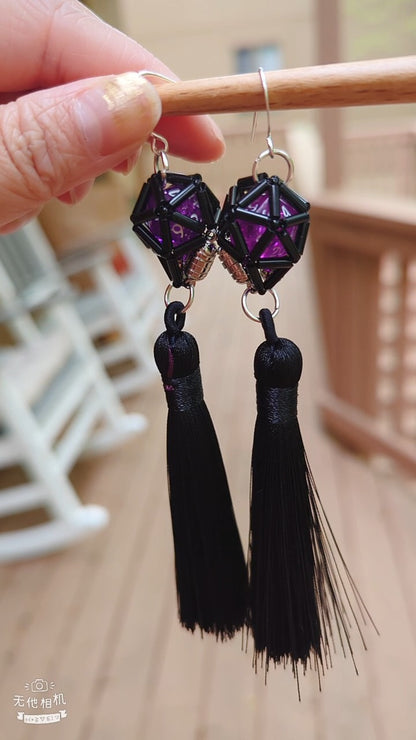 D20 Earrings Black Tassel