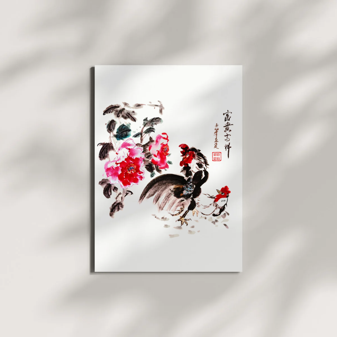 Chicken with Peony Chinese Brush Ink Painting Museum-quality Giclee Art Print