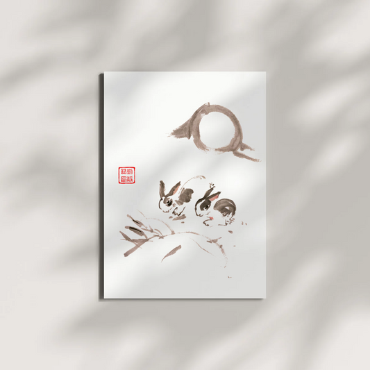 Couple Bunnies Under the Moon Chinese Brush Ink Painting Museum-quality Giclee Art Print