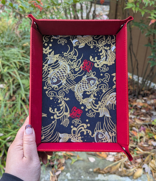 Red Navy Koi Fish Wave Velvet Dice Tray