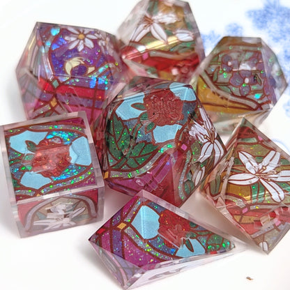 Stained Glass Floral Glitter Core Alt Shaped 7pc Dice Set