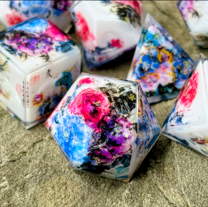 Vibrant Peony Floral Painting 7pc Dice Set