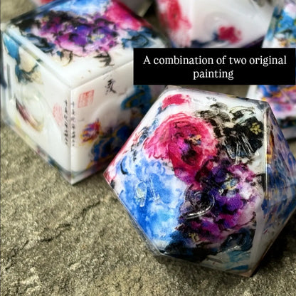 Vibrant Peony Floral Painting 7pc Dice Set