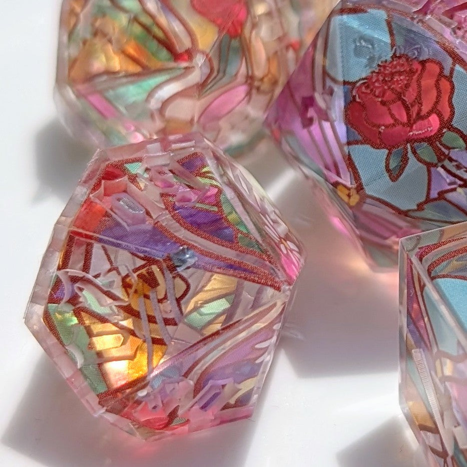 Stained Glass Floral Clear Core Alt Shaped 7pc Dice Set