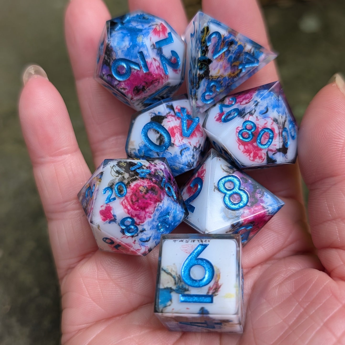 Vibrant Peony Floral Painting 7pc Dice Set