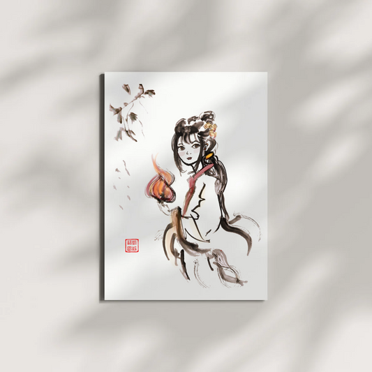 Fireball Girl Chinese Brush Ink Painting Museum-quality Giclee Art Print