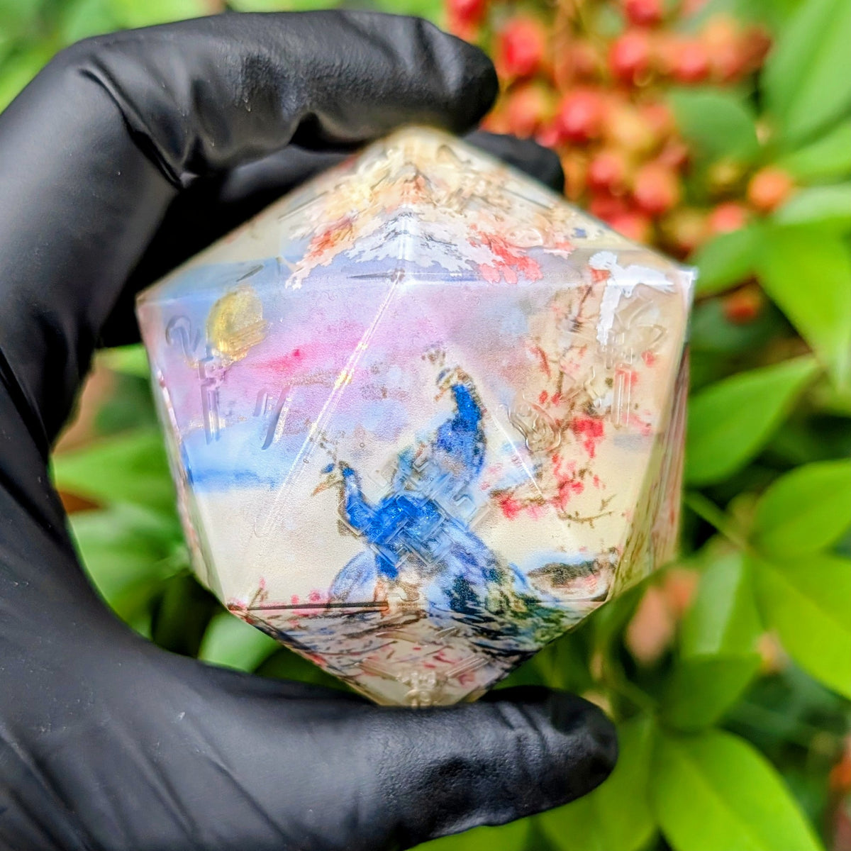 Snow Peacock Perched on Plum Tree 55mm Kanji chonk d20