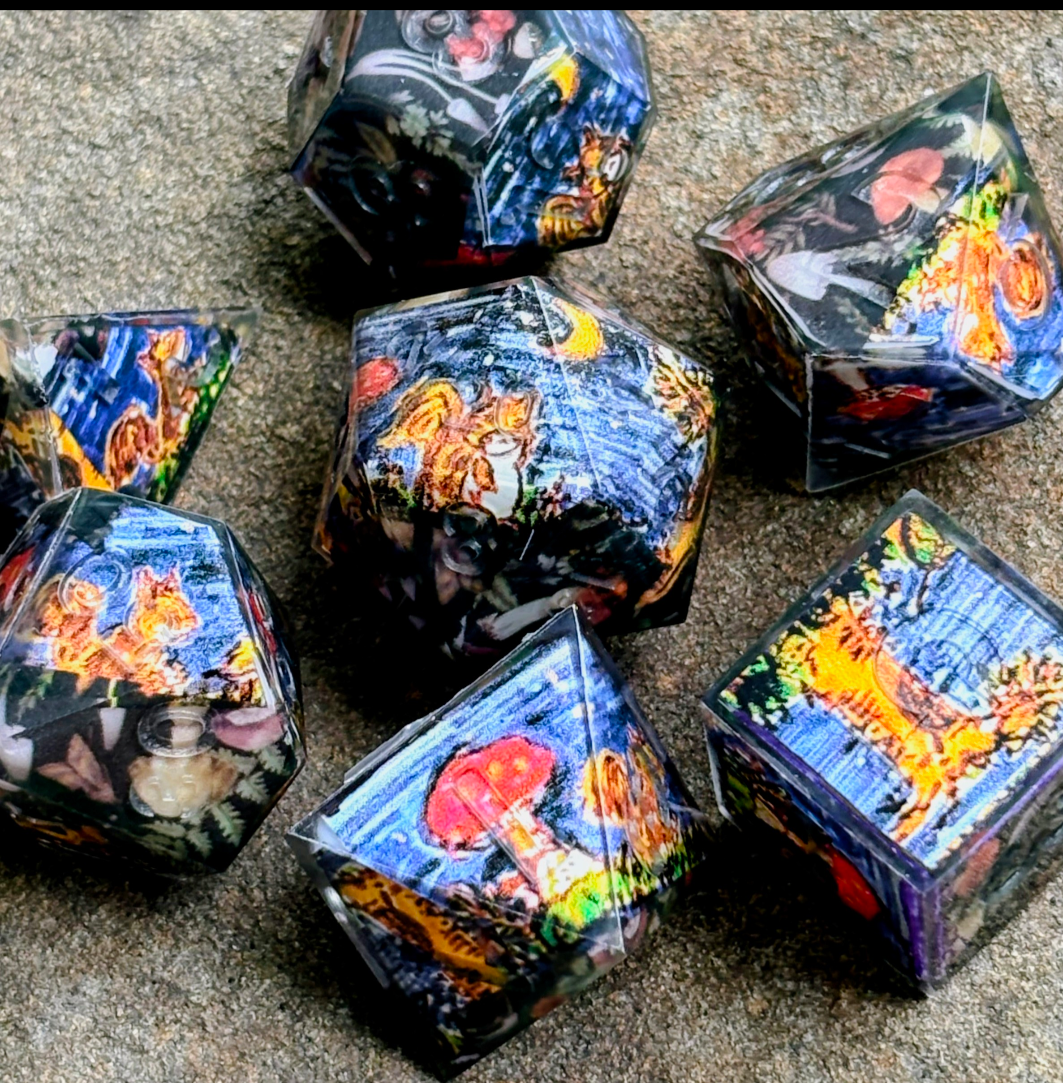 Squirrel and Mushroom 7pc Dice Set with Original Art