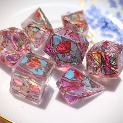 Stained Glass Floral Clear Core Alt Shaped 7pc Dice Set