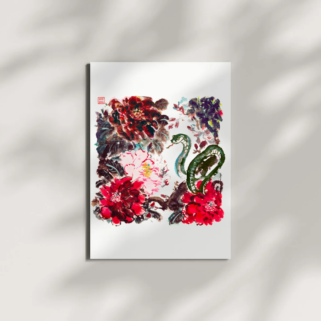 Peony and Snake Chinese Brush Ink Painting Museum-quality Giclee Art Print
