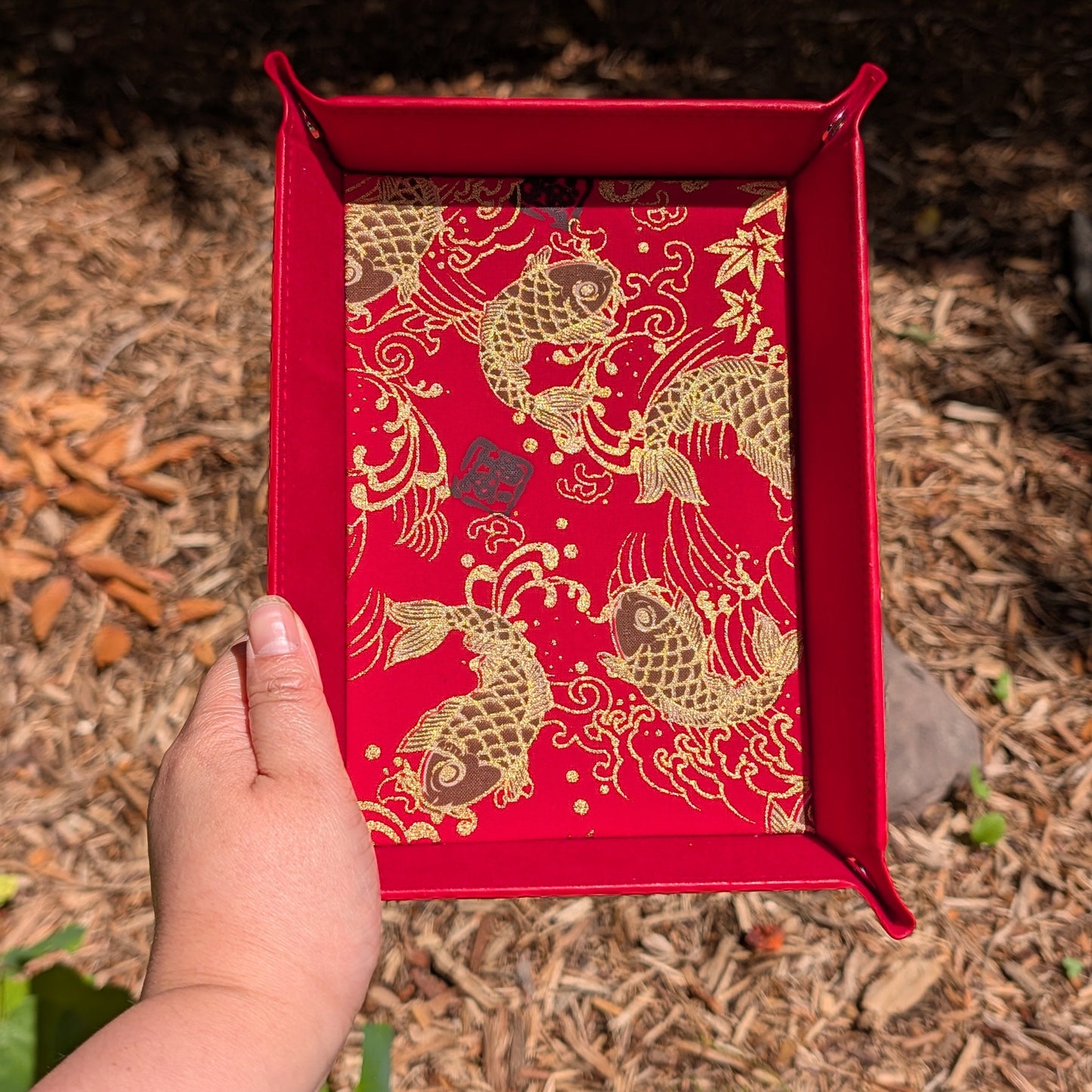 Red Koi Fish With Stamp Fabric Velvet Dice Tray