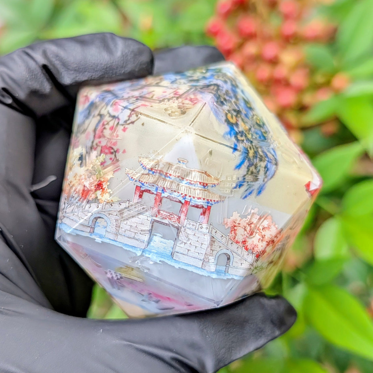 Snow Peacock Perched on Plum Tree 55mm Kanji chonk d20