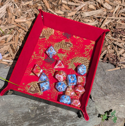 Red Koi Fish With Stamp Fabric Velvet Dice Tray
