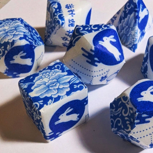 Qing Hua Porcelain Rabbit Moon Festival Tape Dice Set