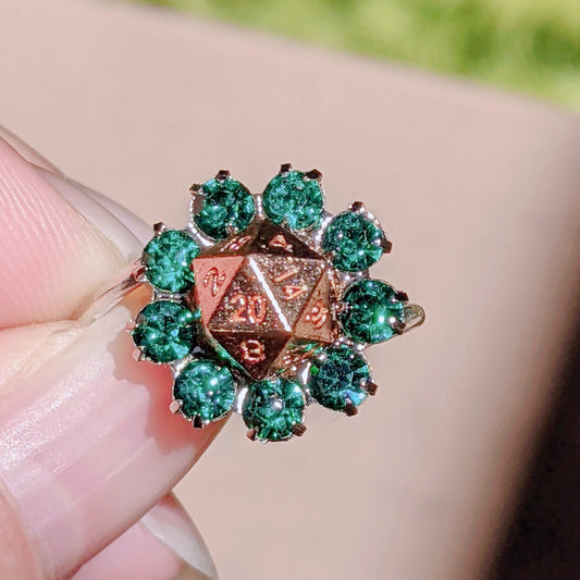 D20 Ring with Green Crystal Sterling Silver Ring Base