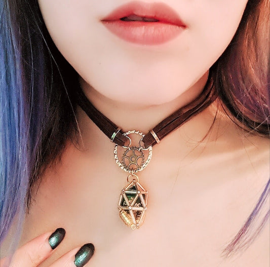 Removable D20 Leather Choker with Steampunk Gear