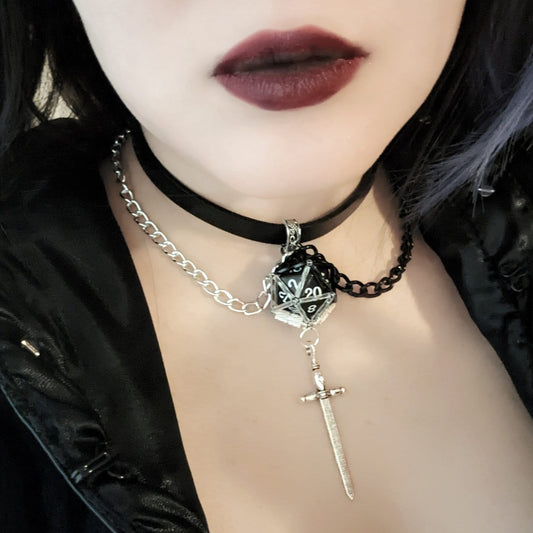 Removable D20 Gothic Choker Necklace - Battle of Light and Dark Sword